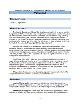 Residential Care/Assisted Living Compendium: Virginia