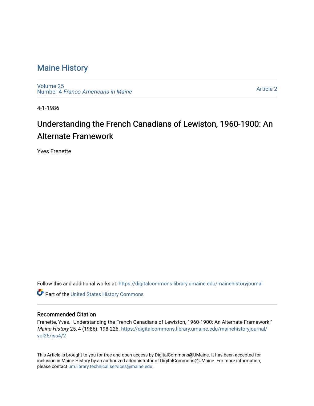 Understanding the French Canadians of Lewiston, 1960-1900: an Alternate Framework