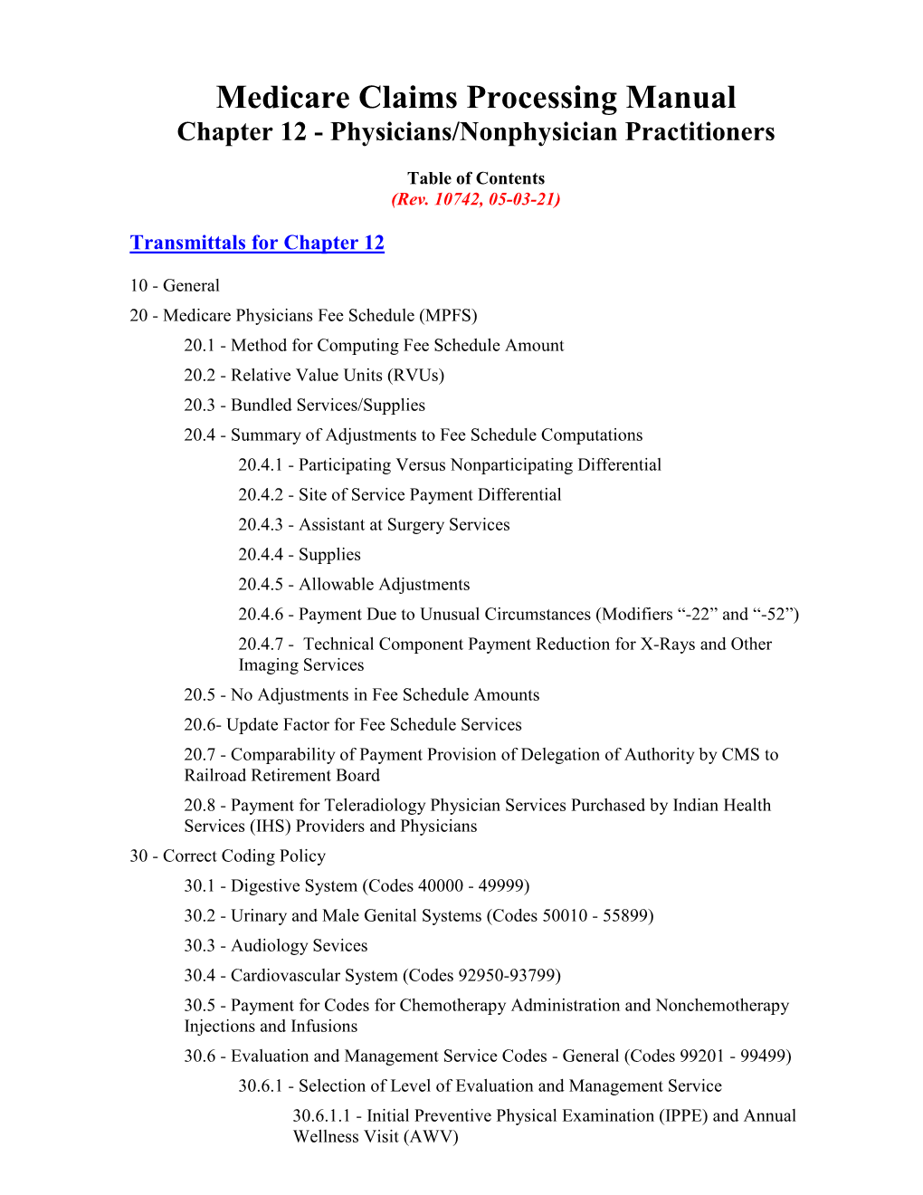 Medicare Claims Processing Manual (Chapter 12; Physician/Nonphysician Practitioners)