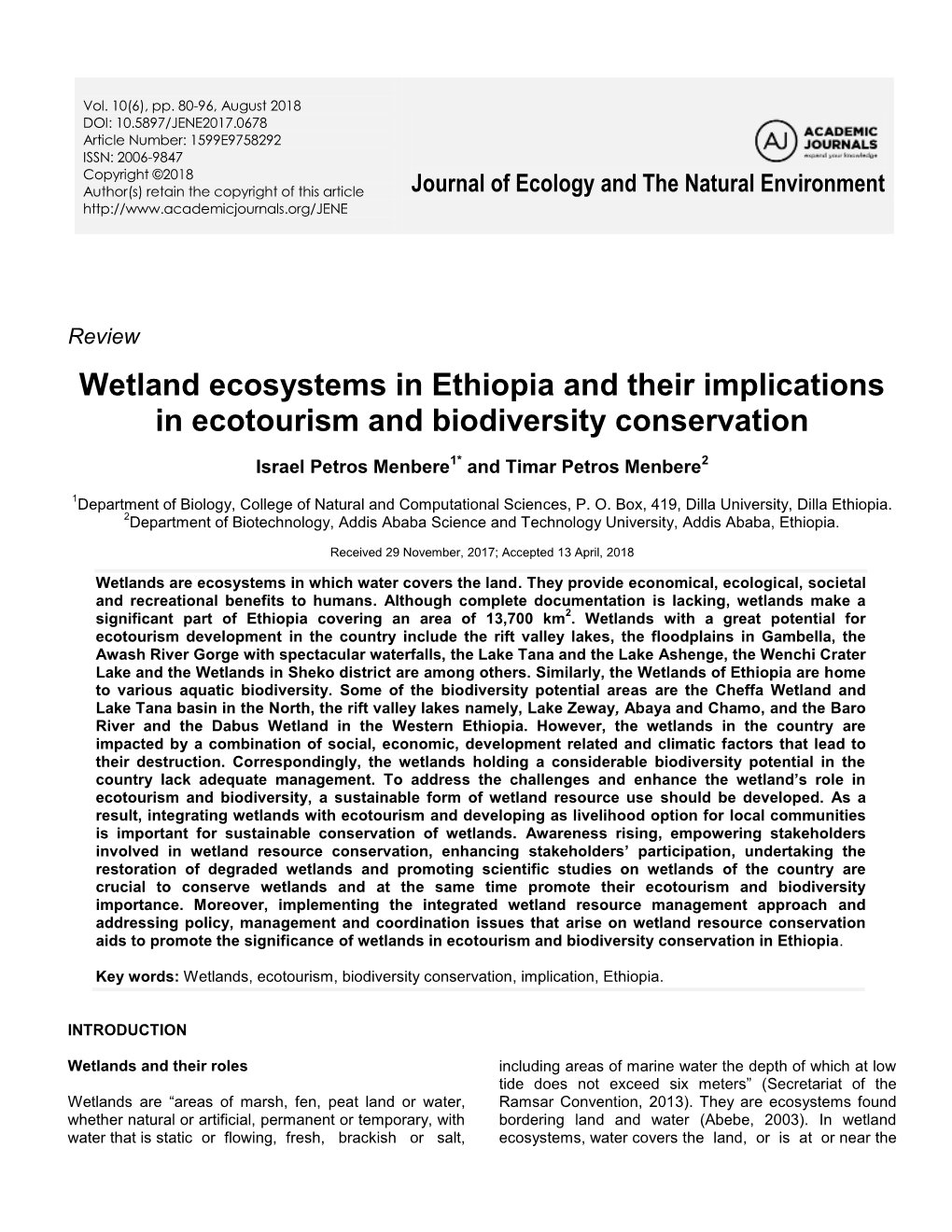 Wetland Ecosystems in Ethiopia and Their Implications in Ecotourism and Biodiversity Conservation