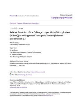 Relative Attraction of the Cabbage Looper Moth (Trichoplusia Ni (Hübner)) to Wild-Type and Transgenic Tomato (Solanum Lycopersicum L.)