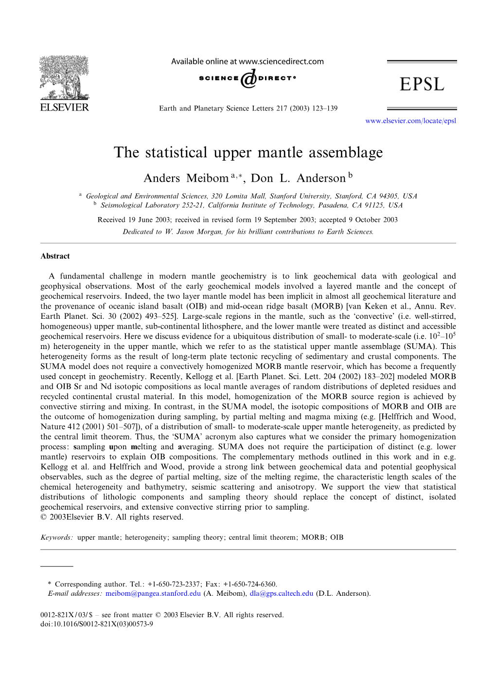 Meibom, a and Anderson, D. L. (2003) the Statistical Upper Mantle