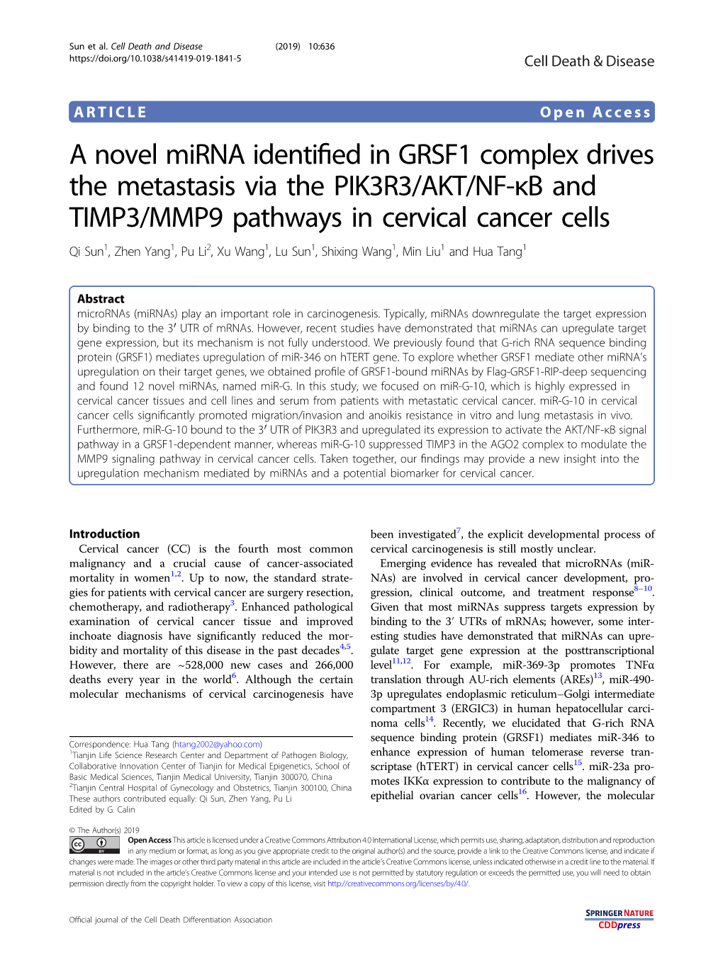 A Novel Mirna Identified in GRSF1 Complex Drives the Metastasis Via the PIK3R3/AKT/NF-Κb and TIMP3/MMP9 Pathways in Cervical Ca