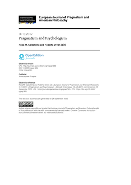 European Journal of Pragmatism and American Philosophy, IX-1