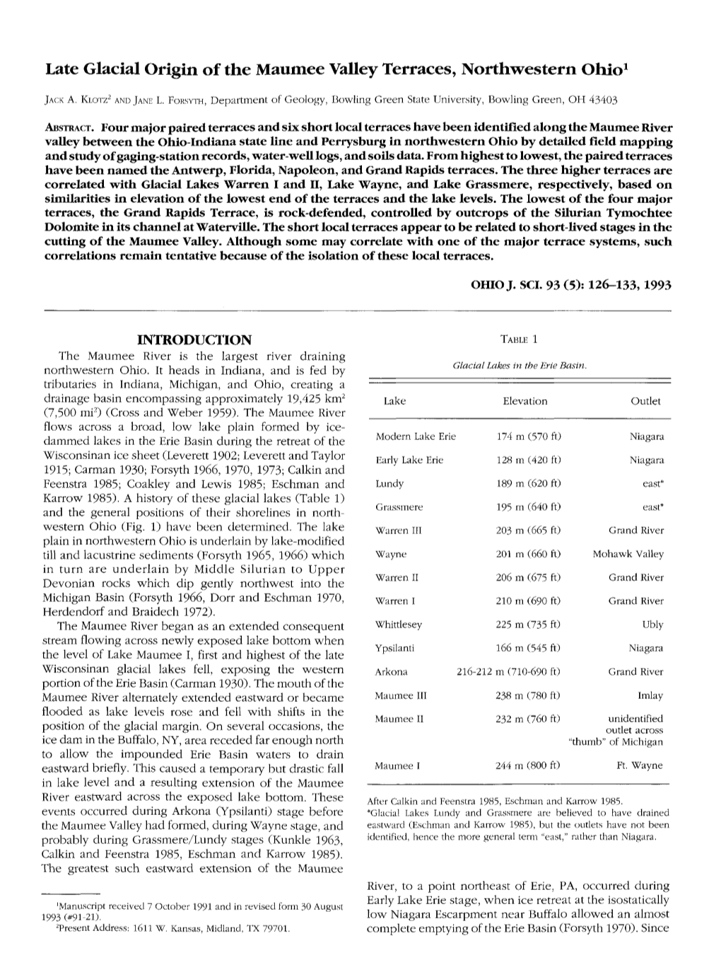 Late Glacial Origin of the Maumee Valley Terraces, Northwestern Ohio1