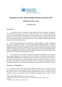 Myanmar in Crisis: Human Rights Situation, February 2021