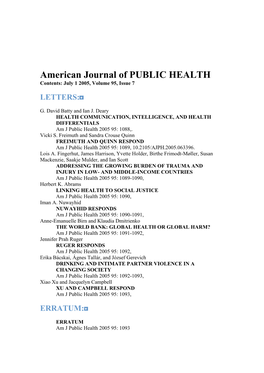 American Journal of PUBLIC HEALTH Contents: July 1 2005, Volume 95, Issue 7 LETTERS