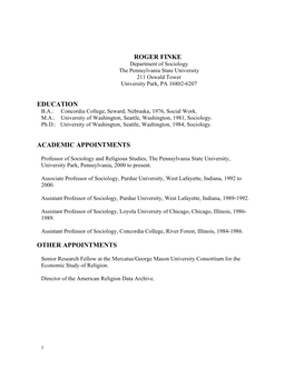 Roger Finke Education Academic Appointments