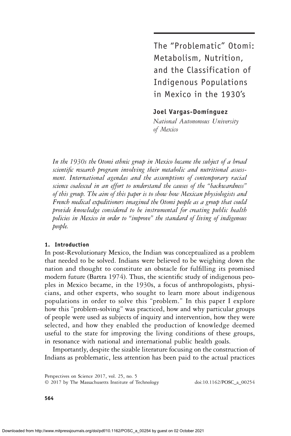 Otomi: Metabolism, Nutrition, and the Classification of Indigenous Populations in Mexico in the 1930’S