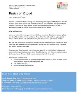 Basics of Icloud: Introduction to Icloud.Com Layout Upper Arlington Public Library Created April 2020