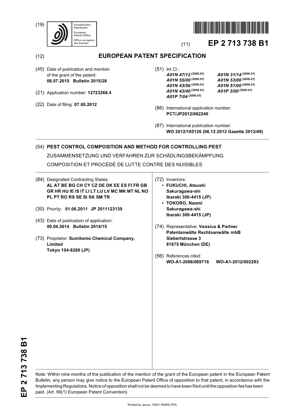 Pest Control Composition and Method for Controlling Pest Zusammensetzung Und Verfahren Zur Schädlingsbekämpfung Composition Et Procédé De Lutte Contre Des Nuisibles