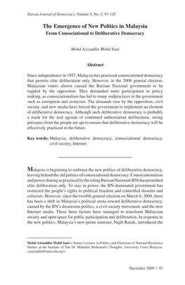 The Emergence of New Politics in Malaysia from Consociational to Deliberative Democracy