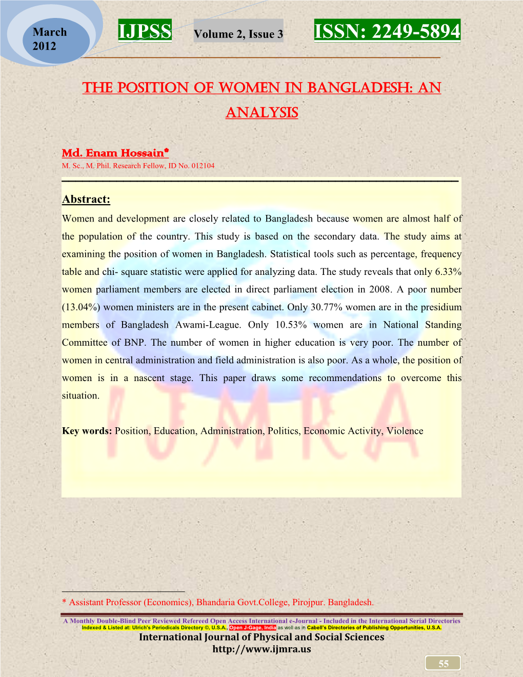 The Position of Women in Bangladesh: an Analysis