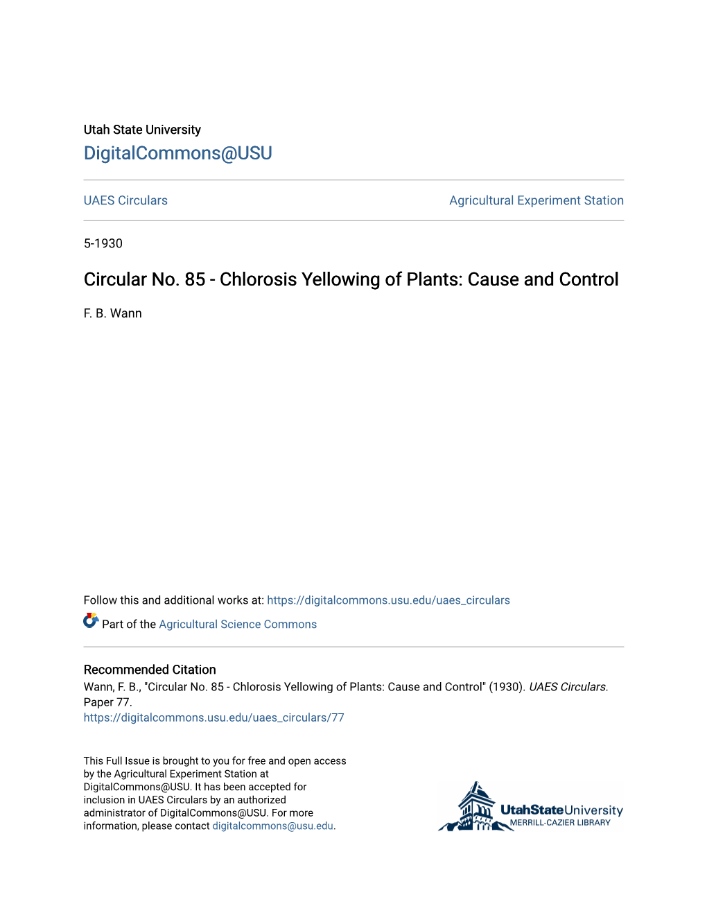 Circular No. 85 - Chlorosis Yellowing of Plants: Cause and Control
