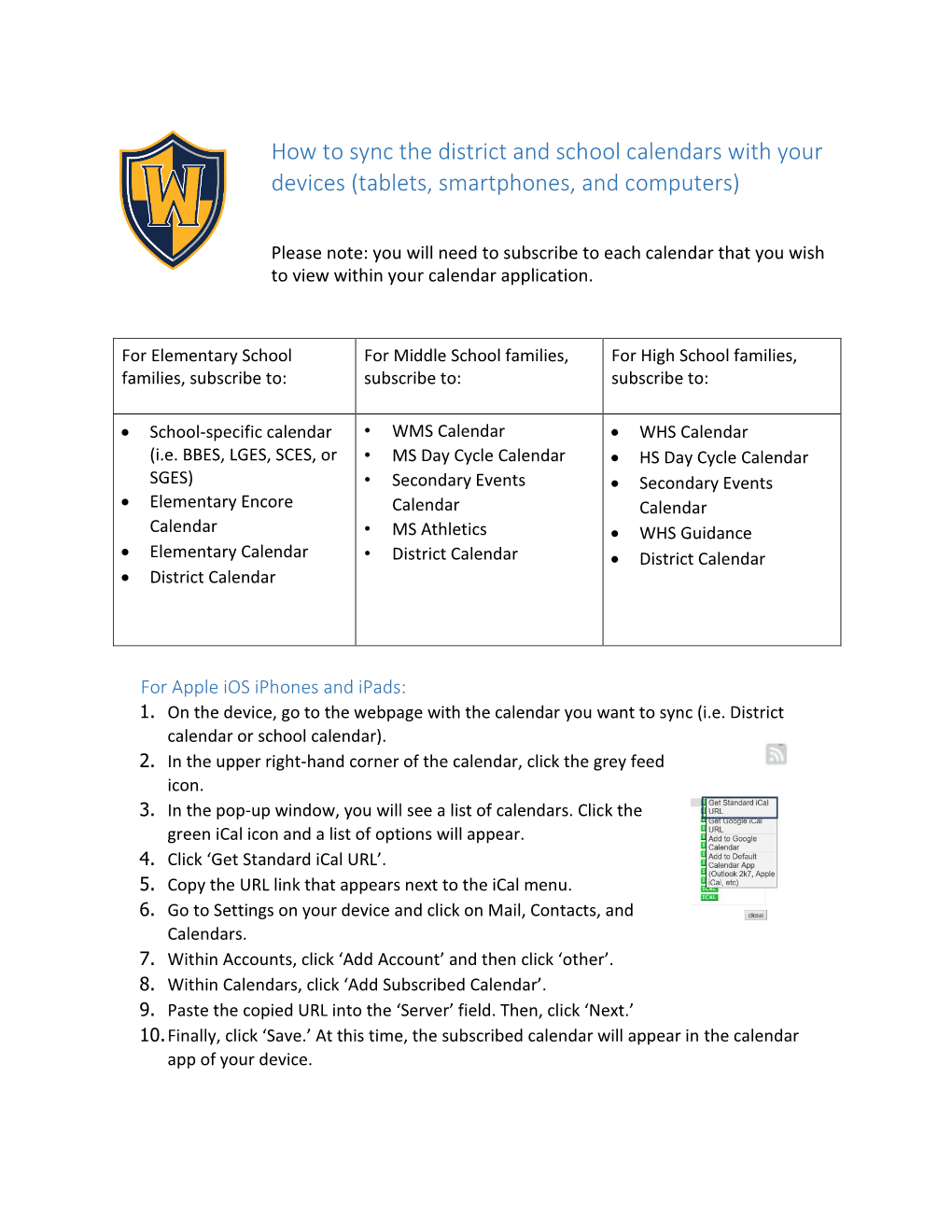 How to Sync the District and School Calendars with Your Devices (Tablets, Smartphones, and Computers)