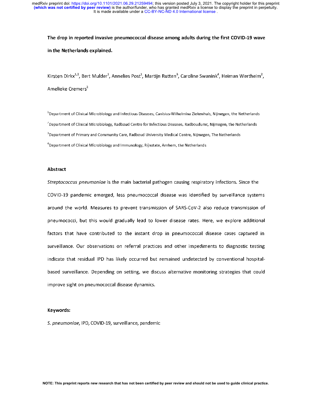 The Drop in Reported Invasive Pneumococcal Disease Among Adults During the First COVID-19 Wave