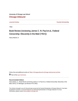 Book Review (Reviewing James CN Paul Et Al., Federal Censorship