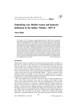 British Women and Domestic Defilement in the Indian 'Mutiny', 1857–8