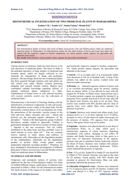 HISTOCHEMICAL INVESTIGATION of TWO MEDICINAL PLANTS in MAHARASHTRA Kadam V.B.*, Tambe S.S.1, Sumia Fatima2, Momin R.K.3 * P.G