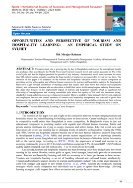 Opportunities and Perspective of Tourism and Hospitality Learning: an Empirical Study on Sylhet