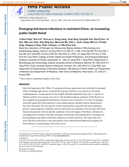 Emerging Tick-Borne Infections in Mainland China: an Increasing Public Health Threat