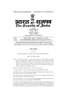 LOK SABHA ———— BILL NO. 106 of 2015 Vlk/Kkj