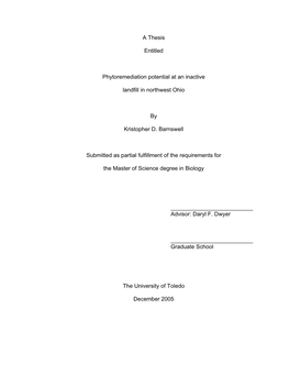 A Thesis Entitled Phytoremediation Potential at an Inactive Landfill In