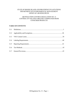 Air Pollution Control Regulation No. 31 Control of Volatile Organic Compounds from Consumer Products