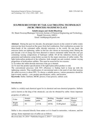 SULPHUR RECOVERY by TAIL GAS TREATING TECHNOLOGY (MCRC PROCESS) MAXIMUM CLAUS Sulabh Jangra and Akshit Bhardwaj Dr