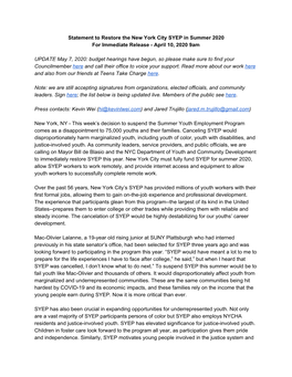 Statement to Restore NYC's SYEP in Summer 2020