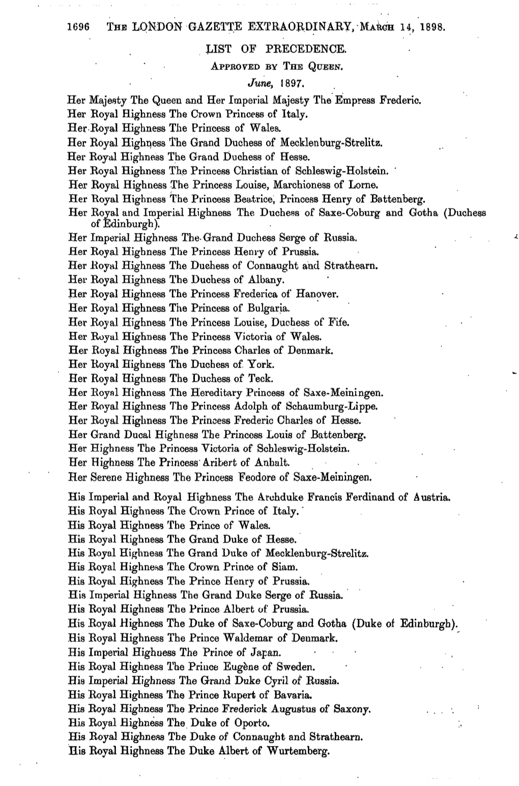 1696 the London-Gazette Extraordinary, March 14, 1898. List of Precedence