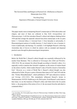 The Universal Ethics and Religion in Practical Life: a Reflection on Husserl's Manuscripts from 1930S Abstract: This Paper Ma