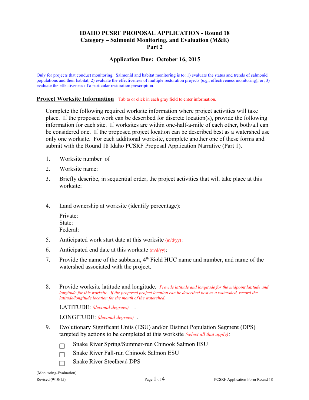 IDAHO PCSRF PROPOSAL APPLICATION - Round 18