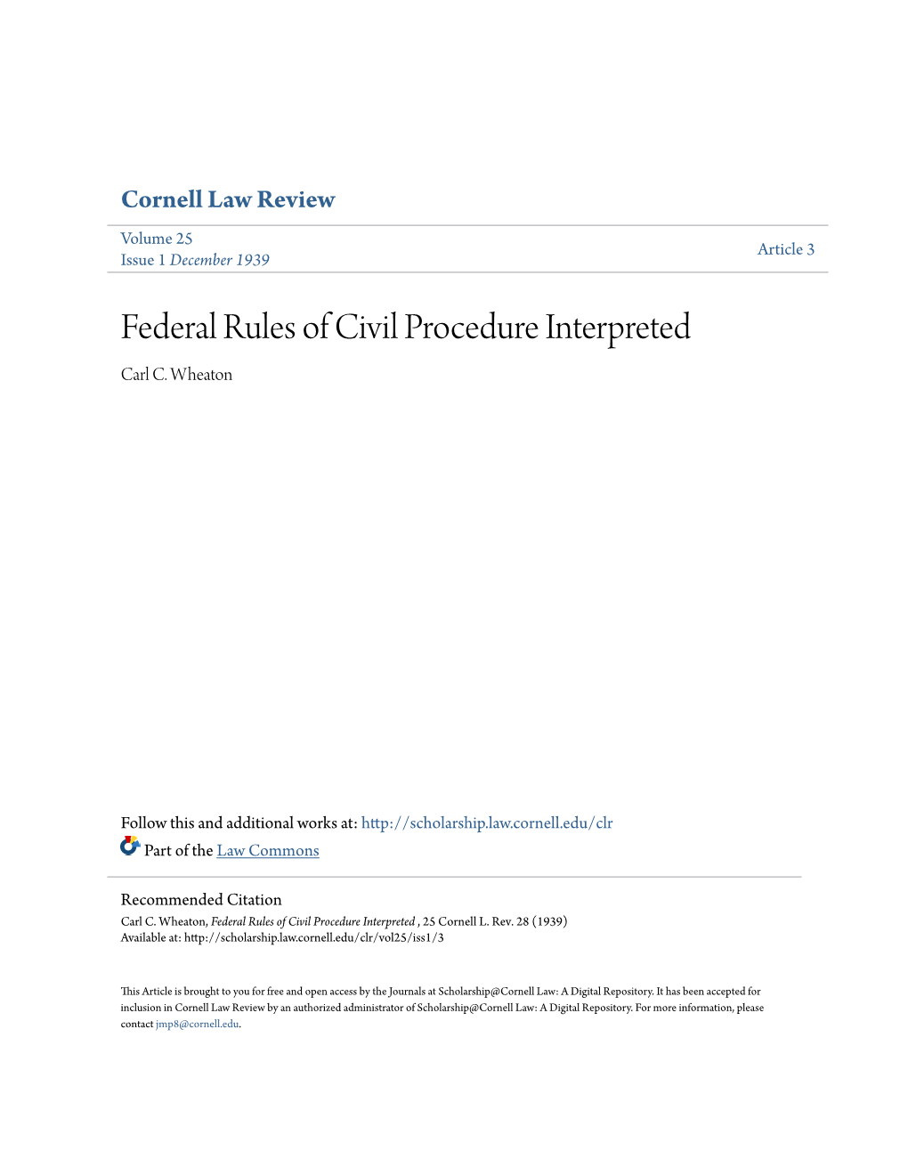 Federal Rules of Civil Procedure Interpreted Carl C