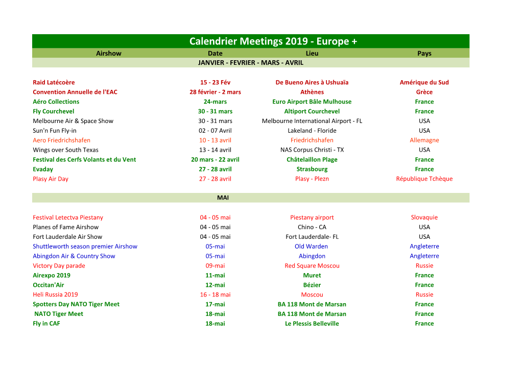 Calendrier Meetings 2019 - Europe + Airshow Date Lieu Pays JANVIER - FEVRIER - MARS - AVRIL