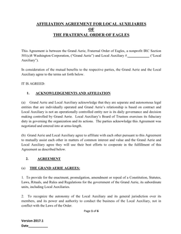 Affiliation Agreement for Local Auxiliaries of the Fraternal Order of Eagles