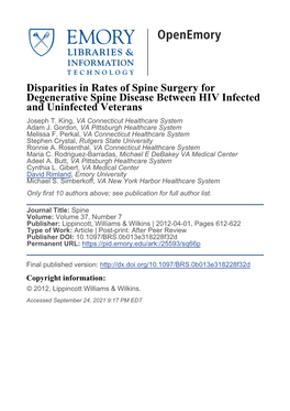 Disparities in Rates of Spine Surgery for Degenerative Spine Disease Between HIV Infected and Uninfected Veterans Joseph T