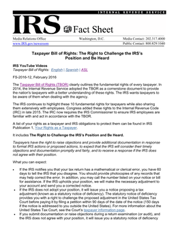 Taxpayer Bill of Rights: the Right to Challenge the IRS’S Position and Be Heard