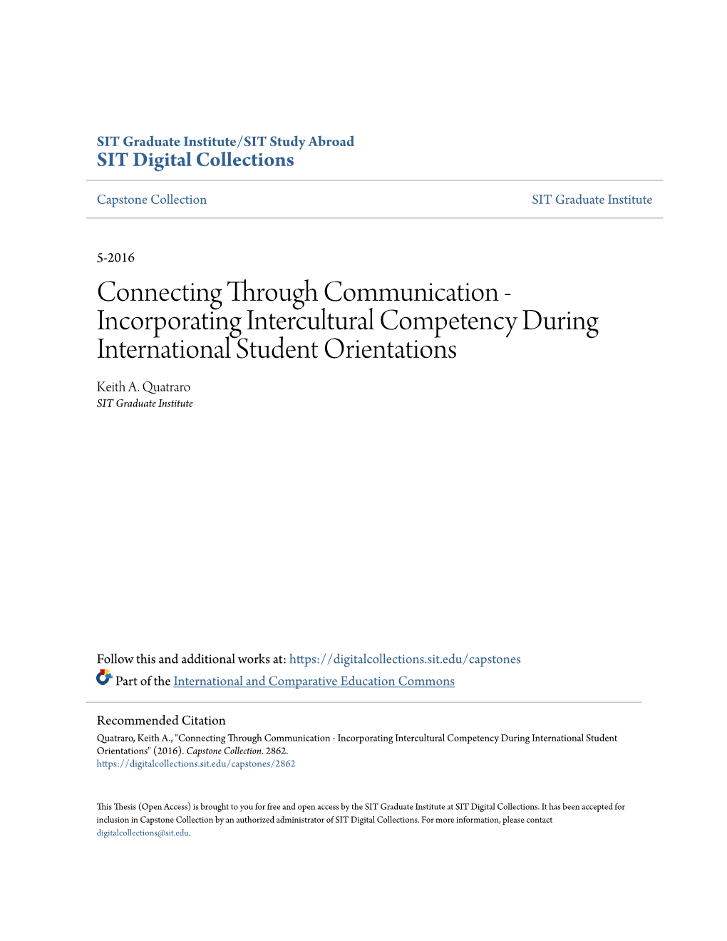 Connecting Through Communication - Incorporating Intercultural Competency During International Student Orientations Keith A