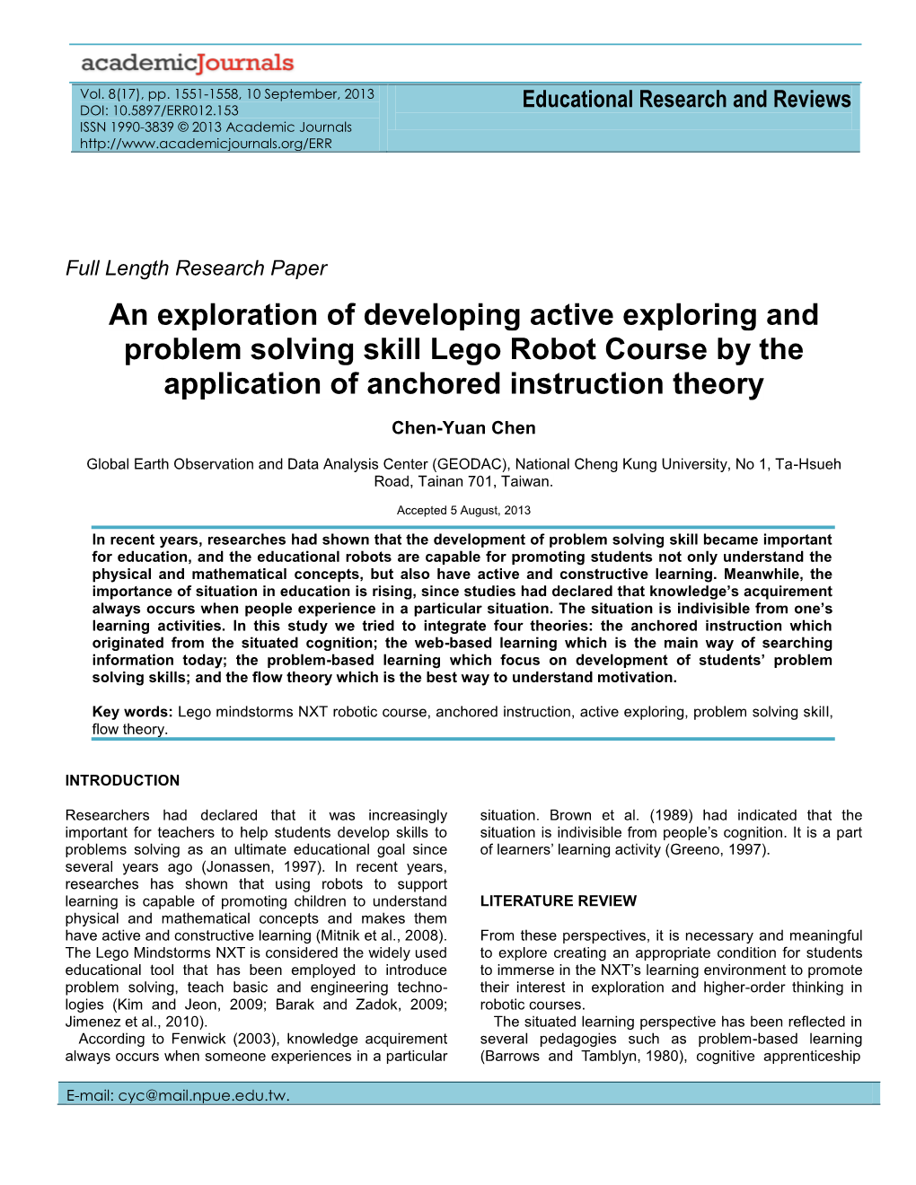 An Exploration of Developing Active Exploring and Problem Solving Skill Lego Robot Course by the Application of Anchored Instruction Theory