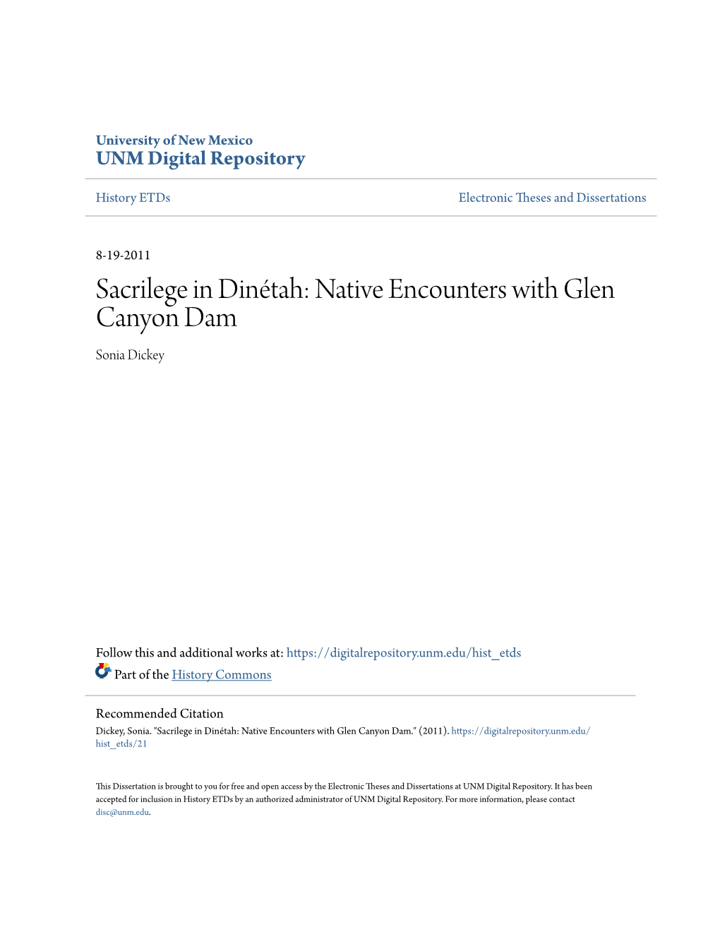 Sacrilege in Dinétah: Native Encounters with Glen Canyon Dam Sonia Dickey