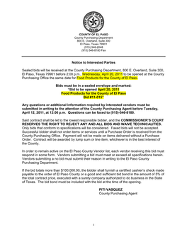 Notice to Interested Parties Sealed Bids Will Be Received at the County Purchasing Department, 800 E. Overland, Suite 300, El Pa