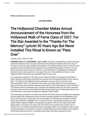 The Hollywood Chamber Makes Annual Announcement of the Honorees from the Hollywood Walk of Fame Class of 2021: for the Sta…