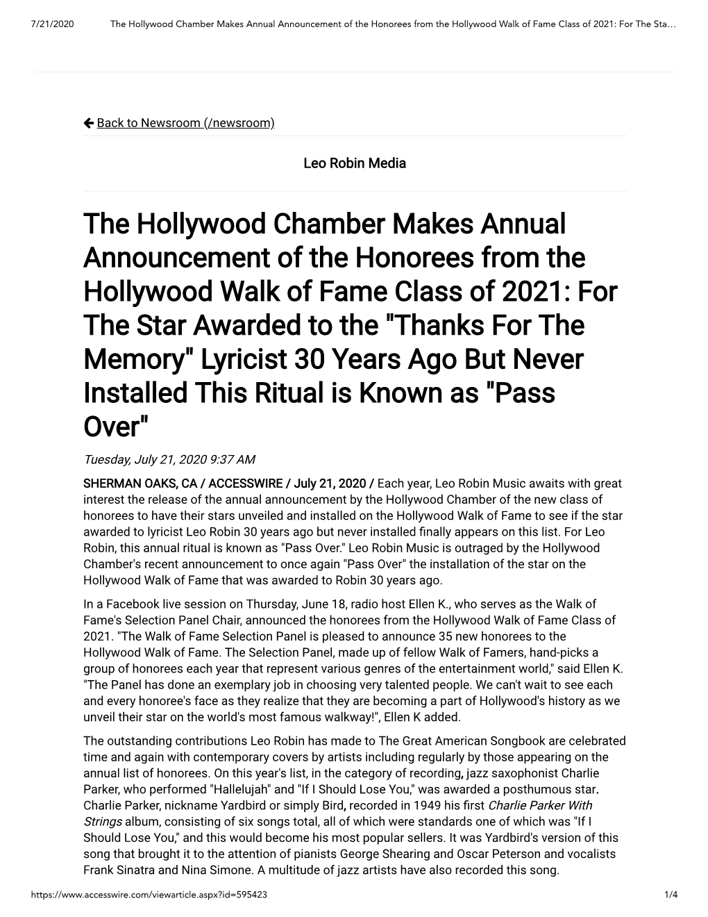 The Hollywood Chamber Makes Annual Announcement of the Honorees from