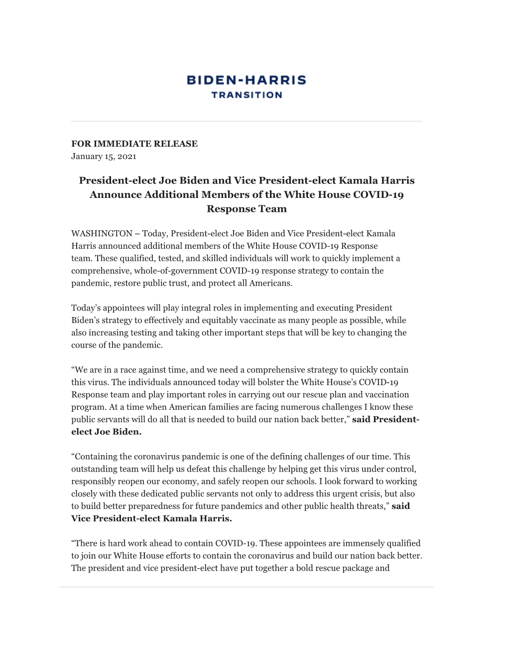 President-Elect Joe Biden and Vice President-Elect Kamala Harris Announce Additional Members of the White House COVID-19 Response Team