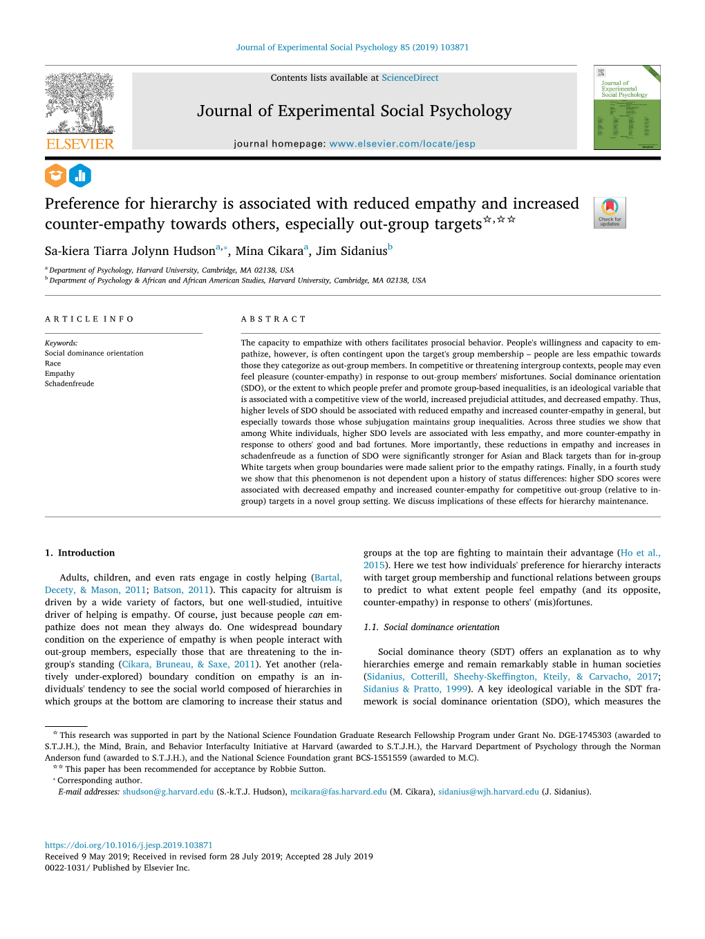 Preference for Hierarchy Is Associated with Reduced Empathy And