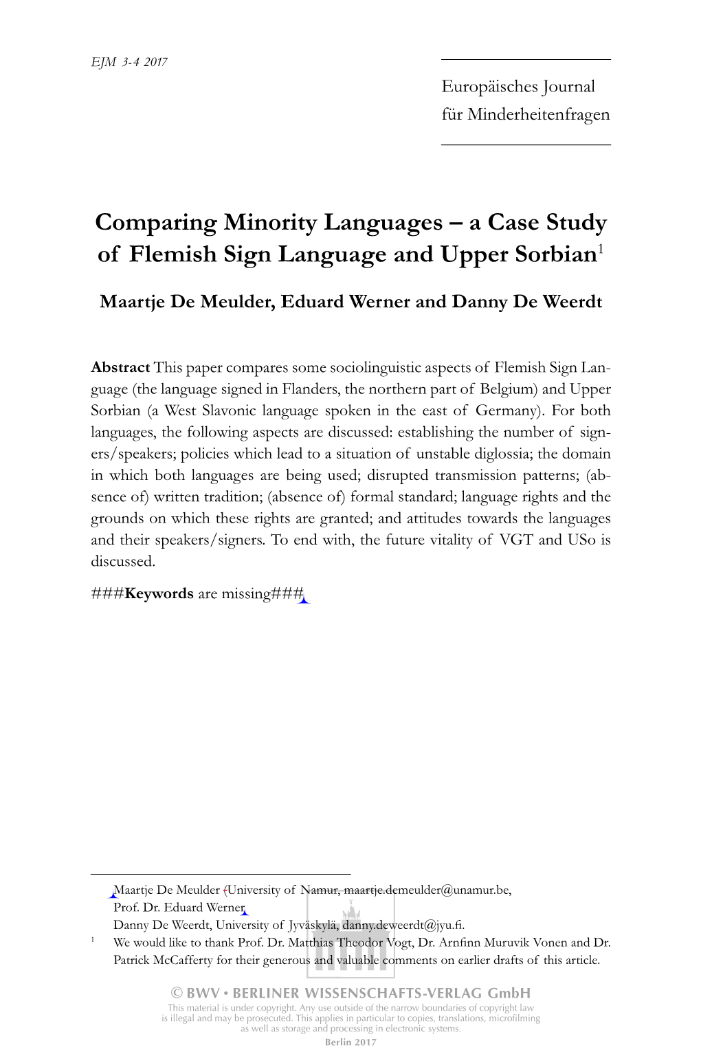 Comparing Minority Languages – a Case Study of Flemish Sign Language and Upper Sorbian1