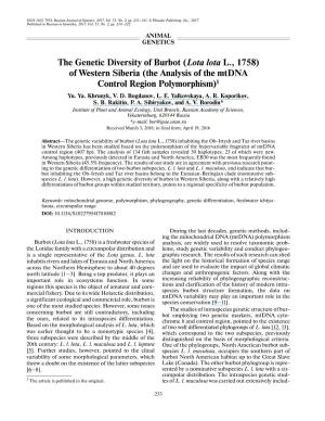 The Genetic Diversity of Burbot (Lota Lota L., 1758) of Western Siberia (The Analysis of the Mtdna Control Region Polymorphism)1 Yu