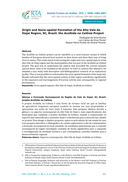 Origin and Socio-Spatial Formation of the Alto Vale Do Itajaí Region, SC, Brazil: the Acolhida Na Colônia Project