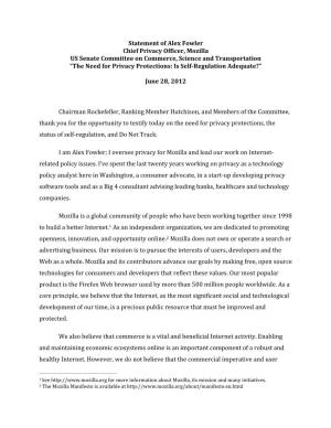 Statement of Alex Fowler Chief Privacy Officer, Mozilla US Senate Committee On